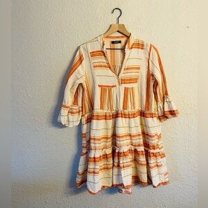 Cream and Orange Tiered Mini Sundress with Plunge Neckline